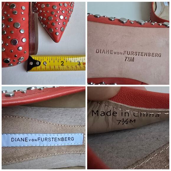 DVF Stud Flats Size 7.5 Orange Leather Silver Studded PointedToe Furstenberg Ara - Picture 8 of 13
